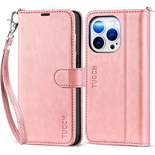 TUCCH Wallet Case with Wrist Strap for iPhone 14 Pro (6.1") 2022, Rose Gold | 4 Card Holders, RFID Blocking, Viewing Stand, Shockproof TPU Shell, PU Leather, Magnetic Closure, Folio Flip Cover - color: Strap - Rose Gold
