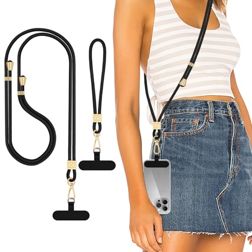 Hovmwey Phone Lanyard Crossbody, Hand Wrist Strap Lanyard with 2 Phone Tethers, Adjustable Anti Theft Phone Strap Neck Lanyard for Keys ID Badges Phones Wallet, Black - color: Black