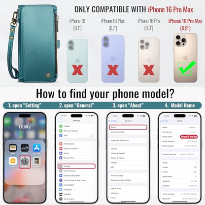 Defencase for iPhone 16 Pro Max Wallet Case with RFID Card Holder, Green | Durable Soft PU Leather, with Zipper Pocket, Wrist Strap, Fashion Snap Flip Phone Cases Cover with Stand for Women and Men - color: Blue Green
