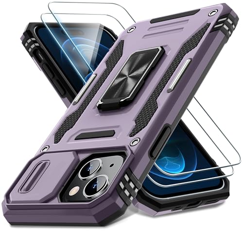 DEERLAMN Case for iPhone 15 with Slide Camera Cover + Screen Protector (2 Packs), Rotated Ring Kickstand Military Grade Shockproof Protective Cover-Deep Purple - color: Deep Purple