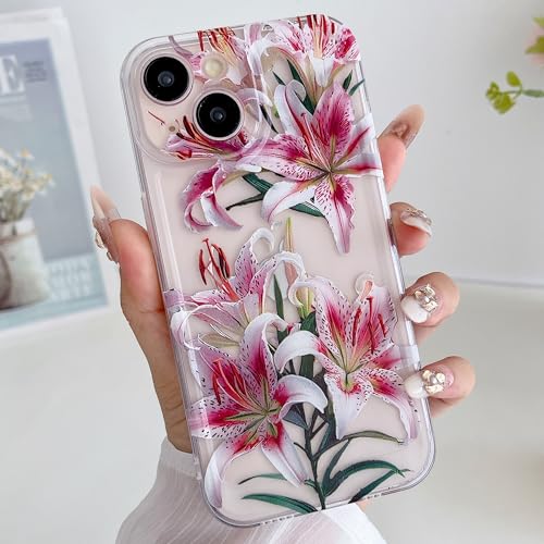 for iPhone 13 Case, Cute Lily Flower Pattern Design for Summer Hawaiian, Clear Shockproof Protective Case for Girls Women-Transparent - color: Transparent, size: iPhone 13