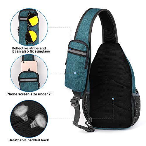 WATERFLY Crossbody Sling Backpack Sling Bag Travel Hiking Chest Bags Daypack (Teal blue) | Small Hiking bag,Multi-compartment storage,Water-resistant,Breathable back pad,Reversible adjustable shoulder strap - color: B-teal Blue