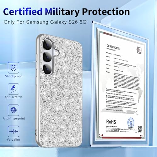 Galaxy S26 Glitter Case for Samsung Galaxy S26 5G Phone Case for Women Girls, Slim Ultra Thin Matte Back Shockproof Full Body Protective Cover for Samsung S26 5G, Crystal Bling Case, 2026 (Silver) - color: Silver