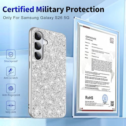 Galaxy S26 Glitter Case for Samsung Galaxy S26 5G Phone Case for Women Girls, Slim Ultra Thin Matte Back Shockproof Full Body Protective Cover for Samsung S26 5G, Crystal Bling Case, 2026 (Silver) - color: Silver