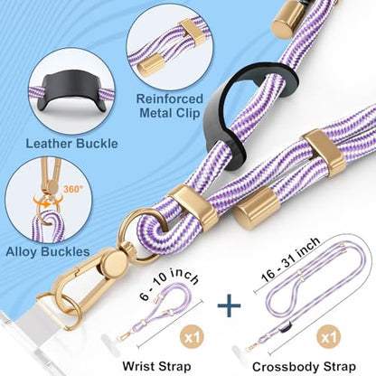4-IN-1 Phone Lanyard Crossbody & Wrist Strap Kit with 2 Pack Tabs - color: Purple White