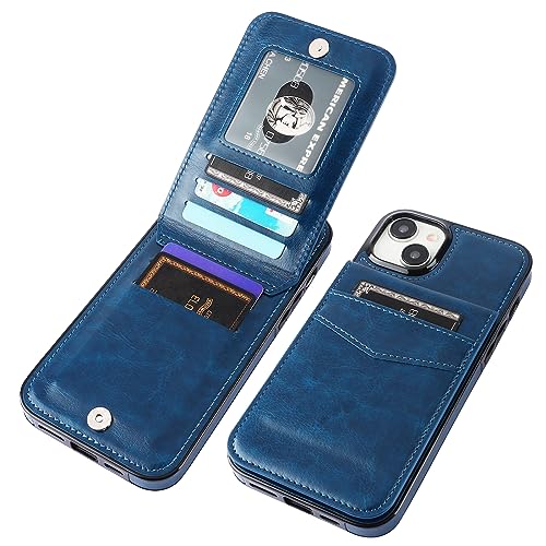 KIHUWEY for iPhone 15 Plus Wallet Case Card Holder Kickstand, Blue | Credit Card Slots, PU Leather, Magnetic Clasp, Flip Heavy Duty Protection Cover for Men and Women - color: Blue