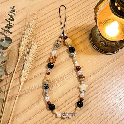 Cute Beaded Camera Wrist Strap for Phone, Digital Camera Charm Lanyard, Pearl Beaded Chain for Bag Keychain Gift - color: Brown Bead