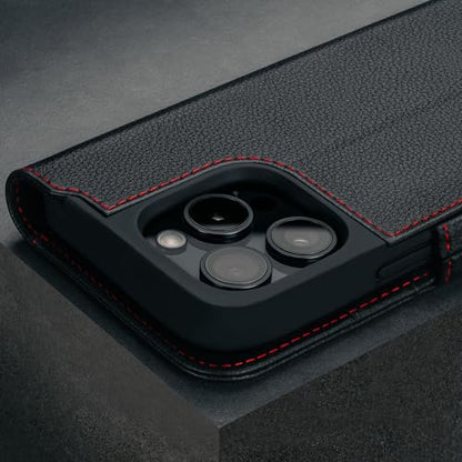 TORRO Premium Leather Case Compatible with iPhone 16 Pro 6.3" – Genuine Leather Wallet Flip Folio Case with Kickstand and Card Slots (Compatible with Official MagSafe Chargers) - Black - color: Black with Red Detail