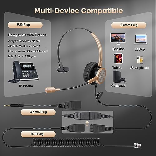 MAIRDI Phone Headset with RJ9 & 3.5mm Jacks for Call Center Office Deskphone Cell Phone PC Laptop, Landline Telephone Headset with Microphone Noise Canceling for Polycom Avaya Nortel