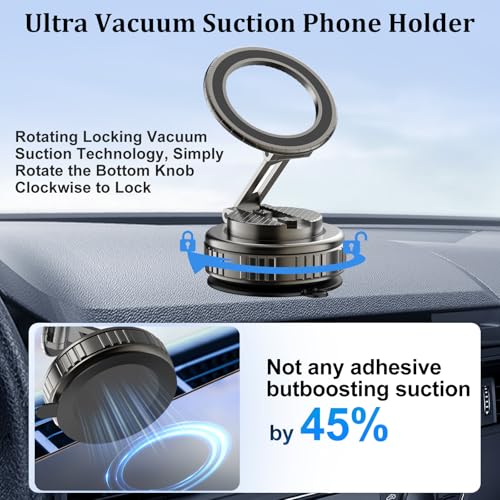 Phone Holders for Your Car, Ultra Vacuum Suction Cup Magnetic Car Phone Holder Mount 360° Adjustable Foldable Cars Phone Stand Compatible with MagSafe iPhone All Smartphones