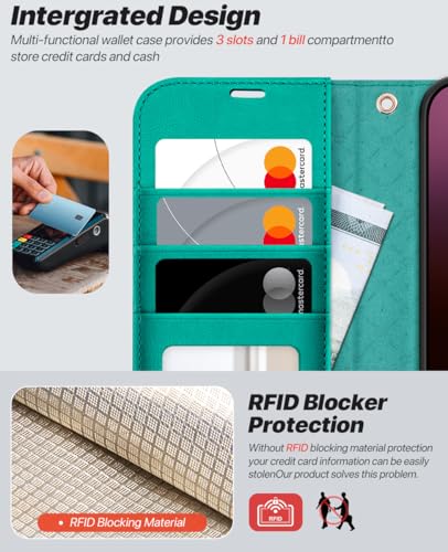 OCASE for iPhone 16 Pro Case Detachable Wallet Case with Card Holder, 2 in 1 Pu Leather Flip Folio with RFID Blocking Stand Wrist Strap Shockproof Phone Cover 6.3 Inch 2024, Blue Green | Removable magnetic case, with hand strap, wireless charging, card sl
