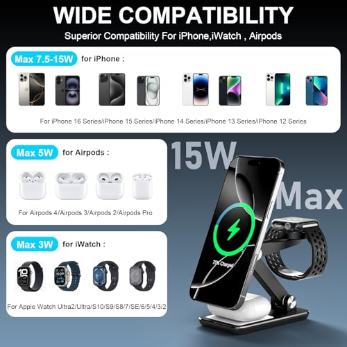 Wireless Charger 3 in 1,Foldable Wireless Charging Station for Apple MagSafe Charger,Aluminum Portable Magnetic Travel Charger Stand for iPhone,Watch,Aipods (with 20W Adapter & Case) - color: Black