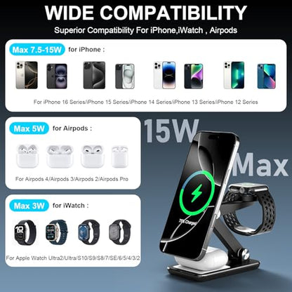Wireless Charger 3 in 1,Foldable Wireless Charging Station for Apple MagSafe Charger,Aluminum Portable Magnetic Travel Charger Stand for iPhone,Watch,Aipods (with 20W Adapter & Case) - color: Black