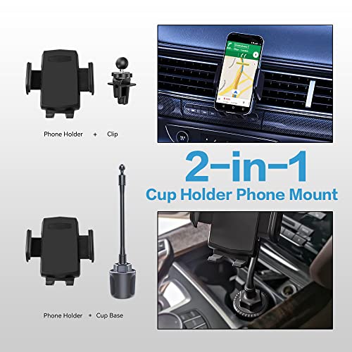 2-in-1 Cup Holder Phone Mount, Universal Adjustable Gooseneck Cup Holder, 360 Rotation, One-Button Release, Fits 4"-7" Phones