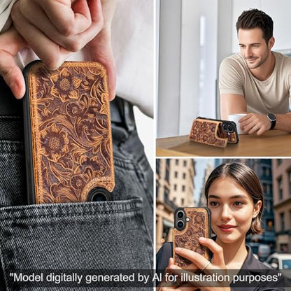 Wallet Real Leather Case Compatible with iPhone 17 6.1" Brown | Genuine Leather,Shockproof, Anti-Fall Case,Flip Cover,with Card Slot,Double Magnetic Buckle,Kickstand,RFID Blocking Brown - color: Brown, size: 6.1"-17