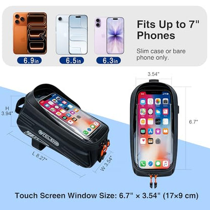 Bike Phone Bag with TPU Sensitive Touch, Waterproof Top Tube Bicycle Front Frame Bag, 1.9L Large Capacity EVA Hard Shell Mount Bike Phone Holder Bag Under 7", Handlebar Bag Bike Accessories