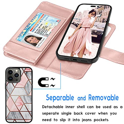 Tekcoo Wallet Case Compatible with iPhone 14 Pro (6.1 inch) 2022 Luxury ID Cash Credit Card Slots Holder Carrying Pouch Folio Flip PU Leather Cover [Detachable Magnetic Case] - Marble