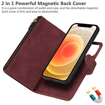 iCoverCase for iPhone 12 Mini Wallet Case with Card Holder and Wrist Strap, PU Leather Kickstand Card Slots Zipper Pocket Magnetic [Detachable] Flip Cover Case 5.4 Inch (Claret) - color: Claret