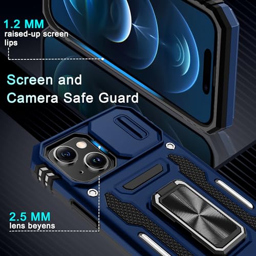DEERLAMN Case for iPhone 15 with Slide Camera Cover + Screen Protector (2 Packs), Rotated Ring Kickstand Military Grade Shockproof Protective Cover-Navy Blue - color: Navy Blue