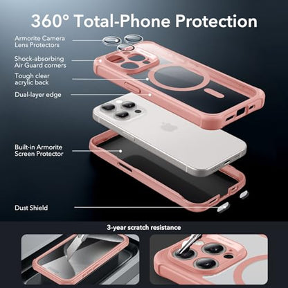 ESR for iPhone 15 Pro Max Case, Compatible with MagSafe, Full-Body Military-Grade Drop Proof Case with Built-in 9H+ Tempered Glass Screen Protector, Armor Series, Clear Pink | Compatible with MagSafe, with Camera Lens Protector, Military-Grade Drop Protec