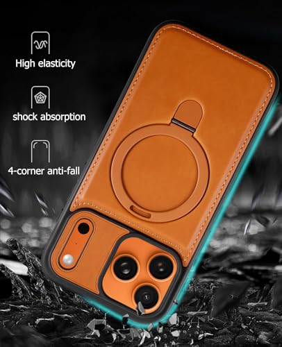 for iPhone 17 Pro Max Leather Case with Magnetic Ring Holder,[Compatible with Wireless Charging] Luxury Slim Shockproof Non-Slip Protective Kickstand Cover for iPhone 17 Pro Max (Brown) - color: Brown