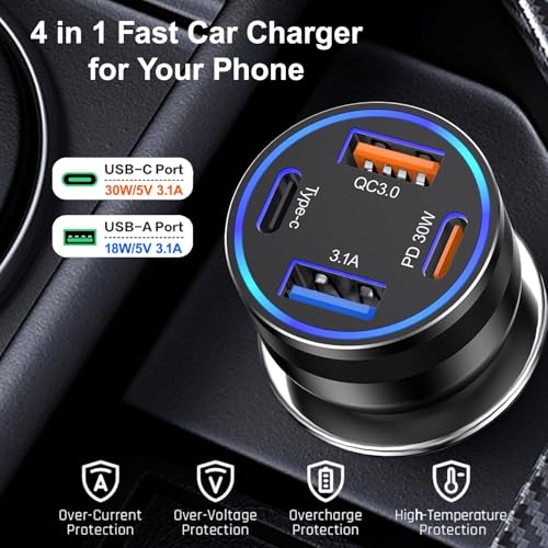 65W USB C Car Charger, 4-Port Cigarette Lighter Adapter PD30W Fast Charging - color: Black, size: 2 Pack