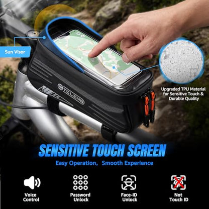 WOTOW Bike Phone Bag, Waterproof Bicycle Top Tube Phone Holder Hard Shell | Bike Front Frame Bag with TPU Touch Screen for Cell Phones Up to 7", 1.9L Bike Handlebar Bag for Ebike Accessories Storage