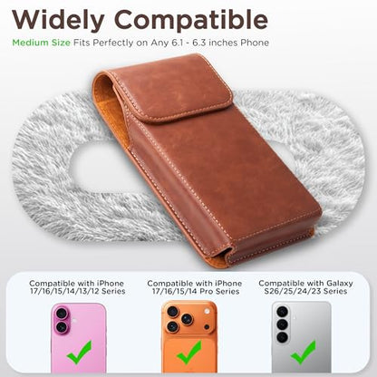 Holster for iPhone 17, 17 Pro, 16, 16 Pro, 15, 15 Pro, 14, 14 Pro, 13, 13 Pro, 12, Galaxy S26, S25, S24, Premium Leather Pouch with Belt Clip Phone Holster Belt Case, Brown -M - color: Brown, size: Medium