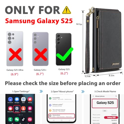 for Samsumg Galaxy S25 Wallet Case, Detachable Magnetic Shockproof Phone Case,Faux Leather Crossbody Wallet,with RFID Blocking，Zipper Card Holder，Shoulder Strap (Black) - color: Black, size: Samsumg Galaxy S25