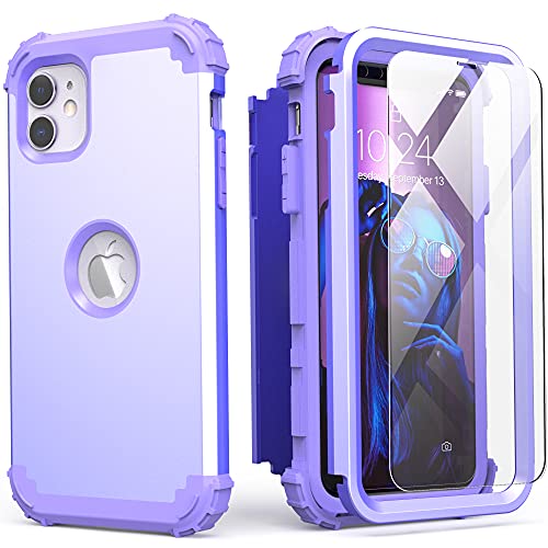 IDweel for iPhone 11 Case with Tempered Glass Screen Protector,Hybrid 3 in 1 Shockproof Heavy Duty Protection Hard PC Cover Soft Silicone Bumper Full Body Case for iPhone 11 6.1 Inch, Purple - color: Purple