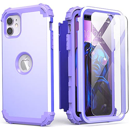 IDweel for iPhone 11 Case with Tempered Glass Screen Protector,Hybrid 3 in 1 Shockproof Heavy Duty Protection Hard PC Cover Soft Silicone Bumper Full Body Case for iPhone 11 6.1 Inch, Purple - color: Purple