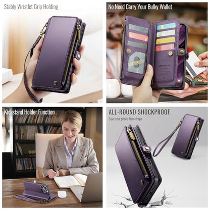 Defencase for iPhone 16 Pro Max Wallet Case with RFID Card Holder, Purple | Durable Soft PU Leather, with Zipper Pocket, Wrist Strap, Fashion Snap Flip Phone Cases Cover with Stand for Women and Men - color: Purple