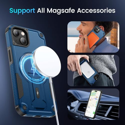 Caka for iPhone 13 Case & iPhone 14 Case with Stand Blue | Compatible with MagSafe, Built-in Hidden Kickstand, Solid Protective Dual-layer TPU+PC Shockproof Magnetic Phone Cover - color: Blue