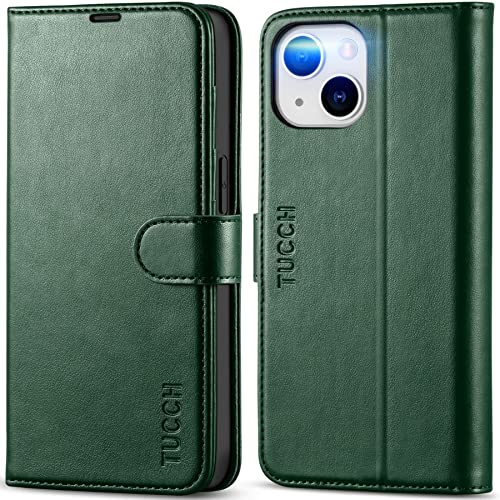 TUCCH Wallet Case for iPhone 14 (6.1") 2022, Flip Stand, Midnight Green | RFID Blocking, 4 Card Holders, Kickstand, PU Leather, Shockproof TPU Shell, Magnetic Closure, Protective Folio Cover - color: Midnight Green