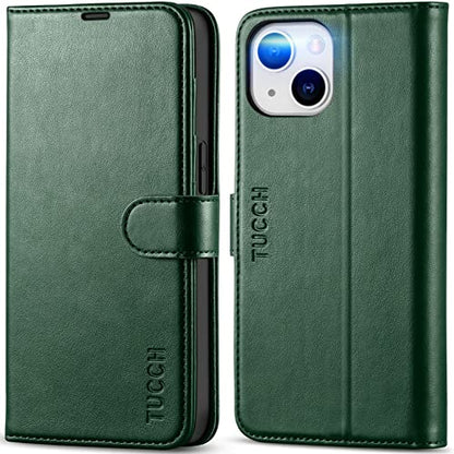 TUCCH Wallet Case for iPhone 14 (6.1") 2022, Flip Stand, Midnight Green | RFID Blocking, 4 Card Holders, Kickstand, PU Leather, Shockproof TPU Shell, Magnetic Closure, Protective Folio Cover - color: Midnight Green