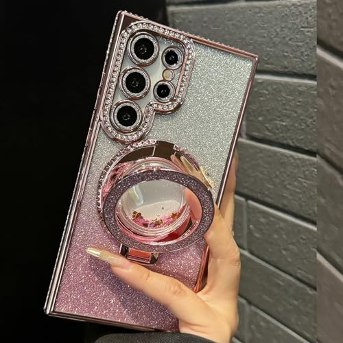 Changjia for Samsung Galaxy S26 Ultra Glitter Kickstand Case, Cute Bling Sparkly Diamond Rhinestones with Camera Lens Protector Liquid Ring Stand Women Girls Clear Phone Case for Galaxy S26 Ultra,Pink - color: Pink