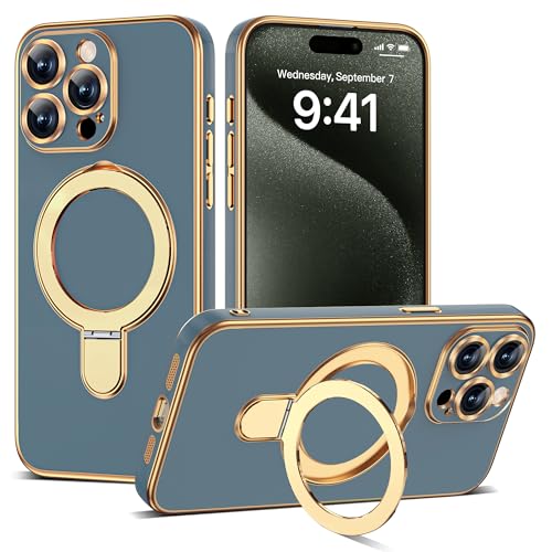 Compatible with iPhone 15 Pro Case with Magnetic Ring Stand [Compatible with Mag-Safe] [Full Camera Lens Protector] Soft Plating Phone Case for iPhone 15 Pro 6.1", Grey Blue - color: Grey Blue, size: Iphone 15 Pro