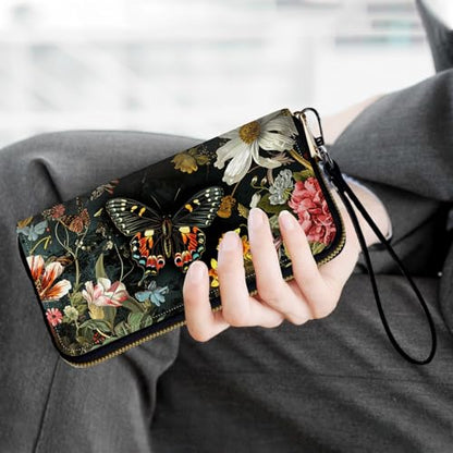 Ladies Wallet,Clutch Purses for Women Wallets Leather Credit Card Holder for Women Wristlet Slim Small Cute with Zipper,Thin RFID Blocking with Wrist Strap,Butterfly Flower - color: Butterfly Flower