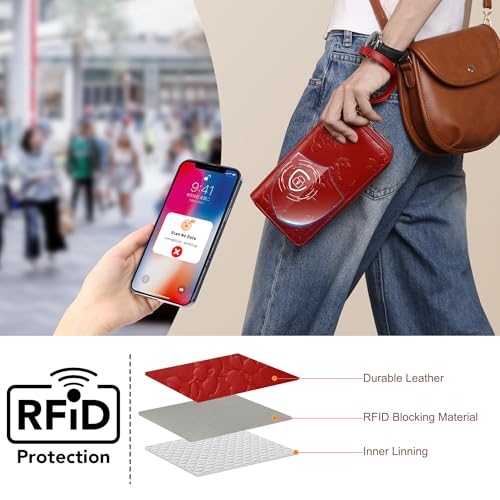 yiijay Womens Wallet RFID Blocking Large Capacity Vegan Leather Double Zip Wristlet Wallet Card Holder Travel Ladies Clutch - color: Red