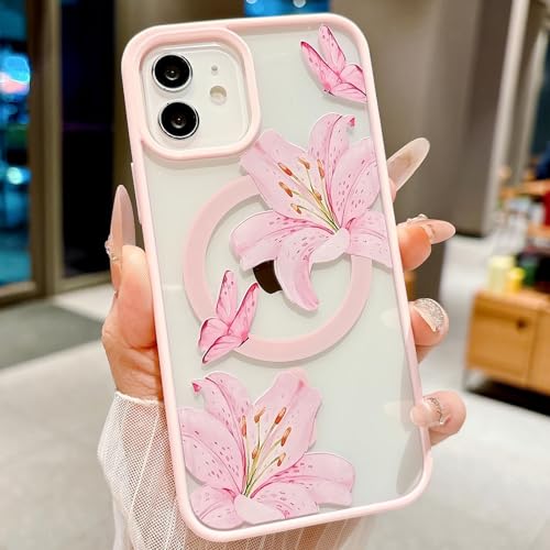 Magnetic for iPhone 11 Case [Compatible with MagSafe] Cute Lily Flower Pattern Design for Summer Hawaiian, Clear Shockproof Protective Case for Girls Women-Pink - color: Pink, size: iPhone 11