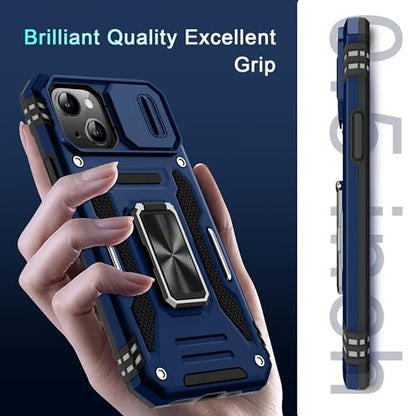 DEERLAMN Case for iPhone 15 with Slide Camera Cover + Screen Protector (2 Packs), Rotated Ring Kickstand Military Grade Shockproof Protective Cover-Navy Blue - color: Navy Blue