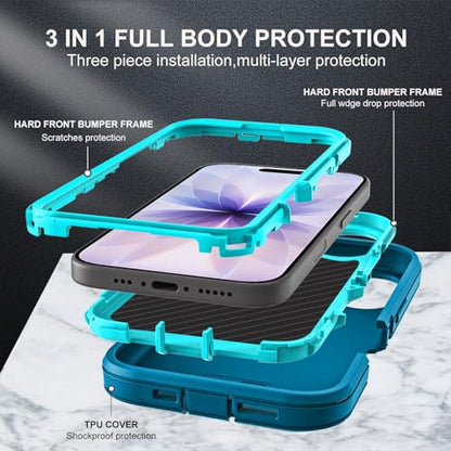 YKHJKLEC for iPhone 17 Case, Military Grade 3 in 1 Heavy Duty Shockproof/Drop Proof/Dust Proof Case with 2Pcs Tempered Glass Screen Protector (Blue/Turquoise) - color: Blue/Turquoise
