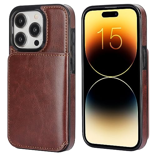 KIHUWEY Compatible with iPhone 15 Pro Wallet Case Credit Card Holder, Premium Leather Kickstand Flip Hidden Magnetic Clasp Durable Shockproof Protective Cover for iPhone 15 Pro 6.1 inch (Brown) - color: Brown
