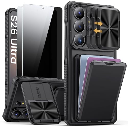 SSLOTSCASE for Samsung Galaxy S26 Ultra Case with 2X Privacy Screen Protector, Anti-Spy Tempered Glass, Card Holder & Sliding Lens Cover & Kickstand, Heavy-Duty Phone Case Cover for S26 Ultra, Black - color: Black-PSP, size: S26 Ultra