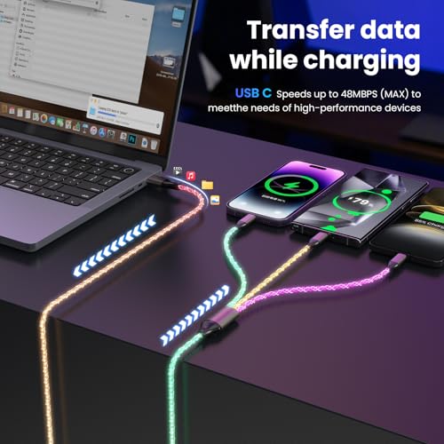 Light Up Charging Cable 66W USB C 3 in 1 Charger Cable RGB LED Light Up Glowing Light Up Charging Cable iPhone Cord 4 FT Multi Cable with Light for iPhone 16/15/14/13/12Series/iPad Pro/Samsung/Pixel