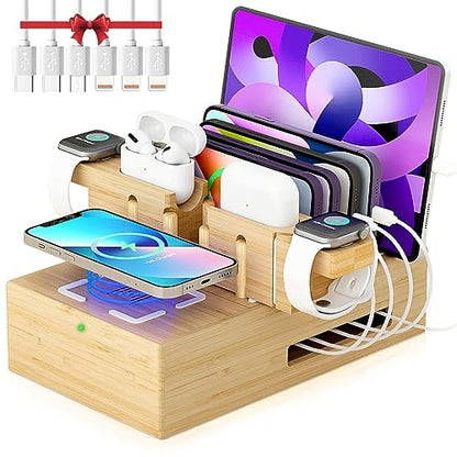 Bamboo Wireless Charging Station for Multiple Devices,Wood Charging Station - color: light bamboo