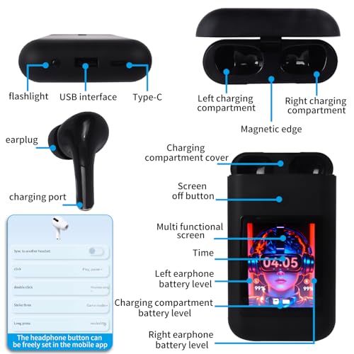 Wireless Earbuds Bluetooth 5.3 Headphones,Long Playtime Ear Buds with Mic Waterproof in Ear Earphones Charging Case with Multi Functions LED Full Color Touch Screen for Android iOS Phones Sport,black - color: Black