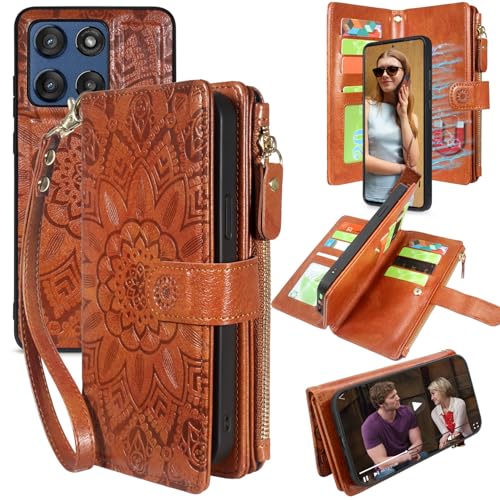 Harryshell Detachable Wallet Leather Case Compatible with Motorola Moto G Stylus 5G 2025/2026 Magnetic Phone Case Zipper with Cash Coin Pocket Multi Card Slots Holder Wrist Strap (Flower Brown) - color: Flower Brown, size: Moto G Stylus 5G 2025