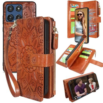 Harryshell Detachable Wallet Leather Case Compatible with Motorola Moto G Stylus 5G 2025/2026 Magnetic Phone Case Zipper with Cash Coin Pocket Multi Card Slots Holder Wrist Strap (Flower Brown) - color: Flower Brown, size: Moto G Stylus 5G 2025