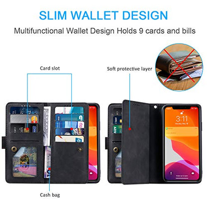 EYZUTAK Wallet Phone Case for Samsung Galaxy A15 4G/5G, Retro Matte 9 Card Holder Slots Zipper Pocket Handbag Case PU Leather Magnetic Closure Kickstand with Wrist Strap Flip Folio Purse Case - Black - color: Black, size: Samsung Galaxy A15 4G/5G
